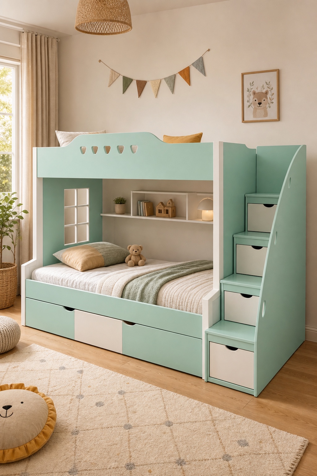 Modern Triple Bunk Bed with Built-In Storage